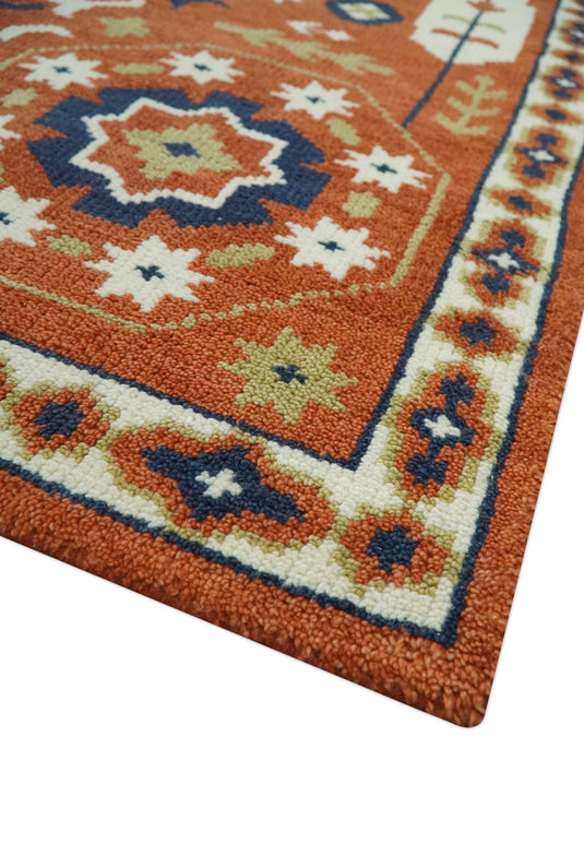 Rust, Blue And Ivory Traditional Medallion Mamluk Hand Knotted 6x9 ft wool Area Rug