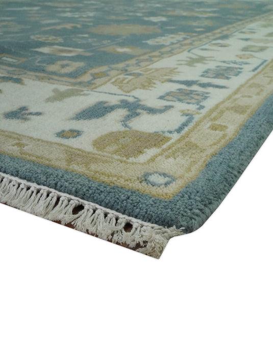 Custom Made Hand Knotted Teal, Beige And Olive Classic Oriental Oushak Rug Wool Area Rug