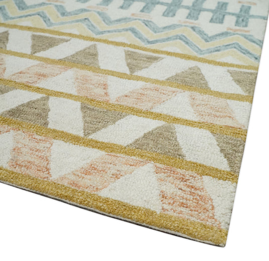 Custom Made Geometrical Pattern Ivory, Blue, Brown And Olive Hand Tufted  Wool Area Rug