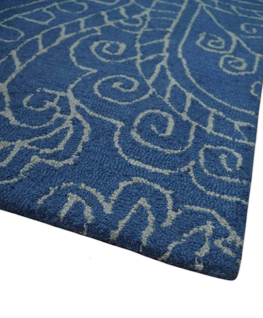 Custom Made Floral Pattern Blue And Gray Hand Tufted  Wool Area Rug