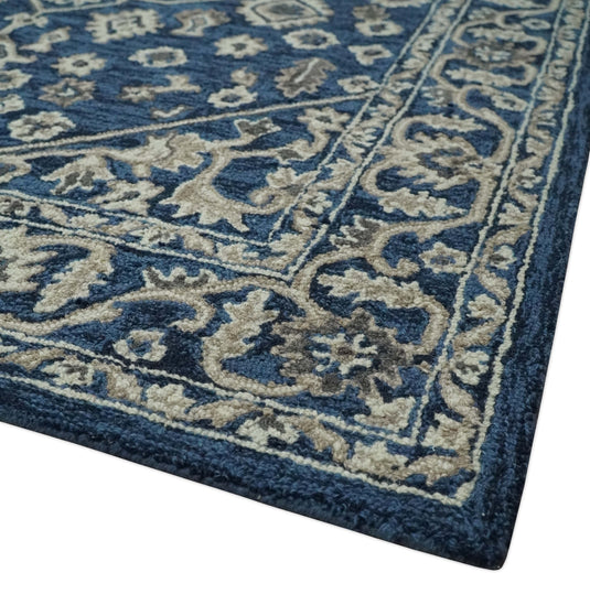 Custom Made Hand Tufted Navy Blue and Beige Traditional Medallion Wool Area Rug