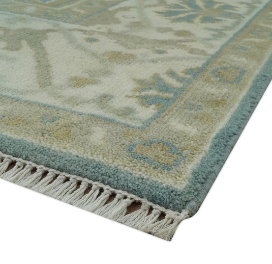 Custom Made Hand Knotted Ivory, Teal,Beige and Camel Oriental Oushak Rug Wool Area Rug