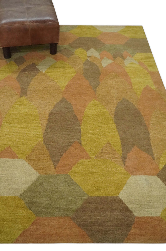 Modern Floral and Geometrical Pattern Hand knotted Yellow, Brown, orange and Ivory 4x6 ft Bedroom, Living Room Rug Wool Area Rug