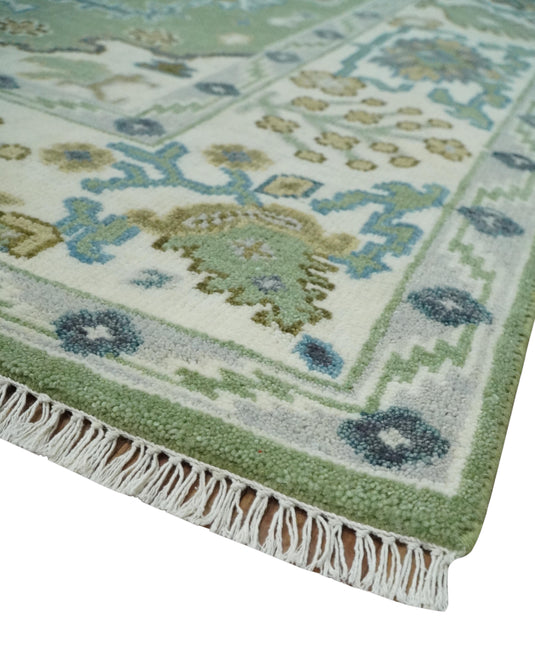 Hand Knotted Traditional Turkish Rug Green, Ivory and Silver 8x10, 9x12 ft Ideal for Living, Bedroom, and Dining Rooms | CP1912