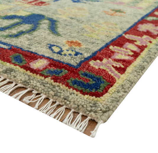 Custom Made Folk Art Green, Beige, Blue And Rust Hand Knotted Wool Area Rug