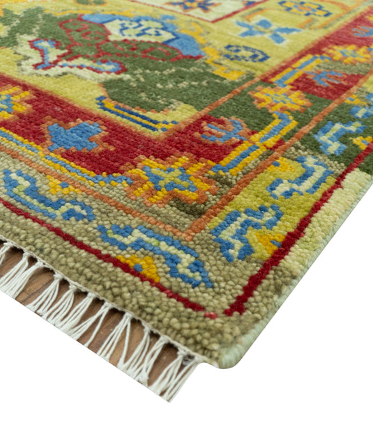 Custom Made Transitional Gold, Green And Blue Hand Knotted Wool Area Rug