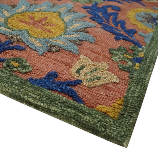 Custom Made Colorful Peach, Blue, Green And Gold Traditional Floral Hand Tufted Wool Area Rug