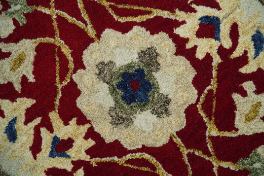 Custom Made Traditional Red, ivory And Blue Floral Hand Tufted Wool Area Rug