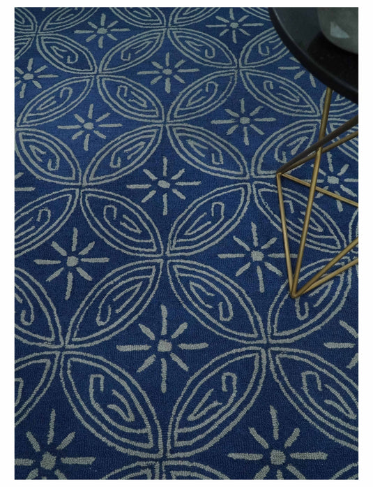 Custom Made Geometrical Pattern Blue And Gray Hand Tufted  Wool Area Rug