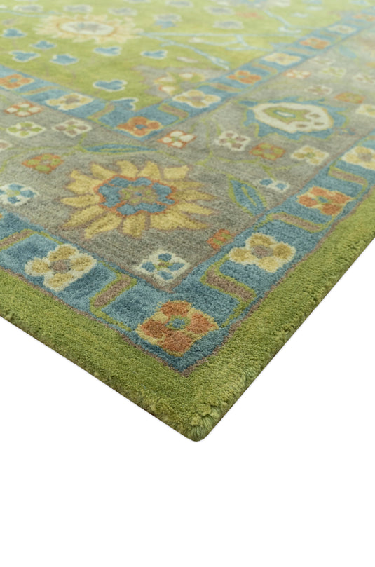 Custom Made Traditional Floral Green And Blue Hand Tufted Wool Area Rug