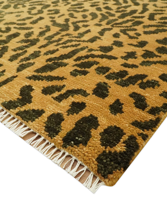 Custom Made Hand Knotted Brown And Black Leopard Print Design Wool Area Rug