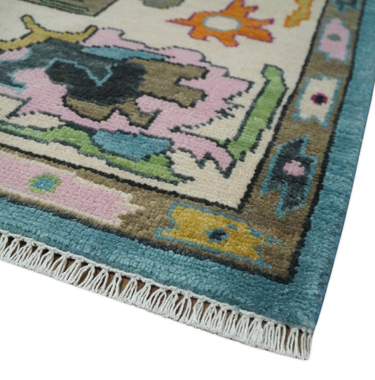 Hand Knotted Oriental Oushak Colorful Rug Blue and Beige 3X5 4X6 8X10 9X12 10X14 12X15 Ideal for Living, Bedroom, and Dining Rooms |