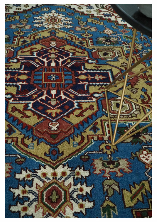 Hand Knotted Heriz Serapi Rug Ivory and Blue 8x10 ft Ideal for Living, Bedroom, and Dining Rooms | CP1857810