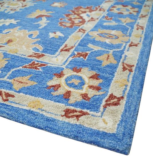 Custom Made Traditional Floral Blue, Camel And Maroon Hand Tufted  Wool Area Rug