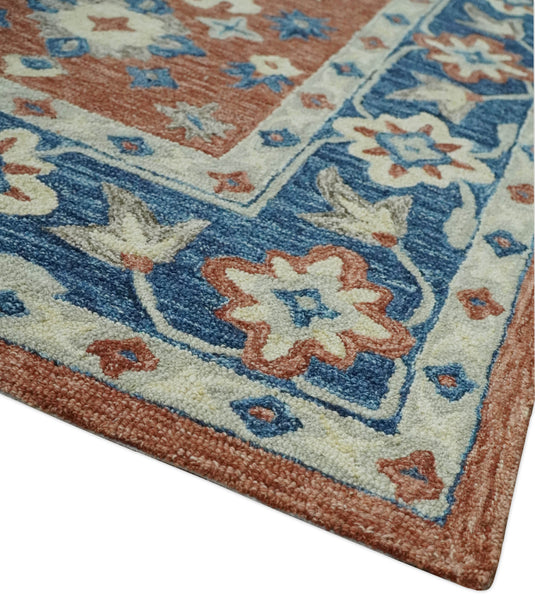 Custom Made Traditional Motifs Rust, Blue, And Ivory Hand Tufted Wool Area Rug