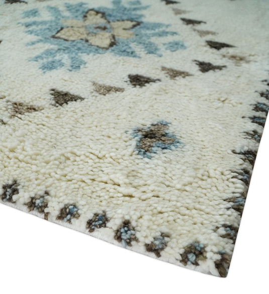 Moroccan Hand Woven Ivory, Brown and Blue 8x10 ft Bedroom, Living Room Rug, Wool Area Rug