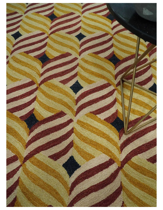 Custom Made Gold, Maroon, Black And Yellow Modern Stripes Pattern Hand Tufted Wool Area Rug