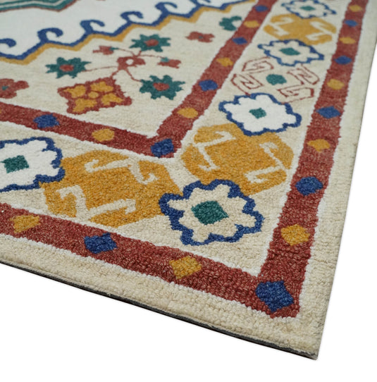 Custom Made Traditional Medallion Pattern Ivory, Green, Blue And Rust Hand Tufted  Wool Area Rug