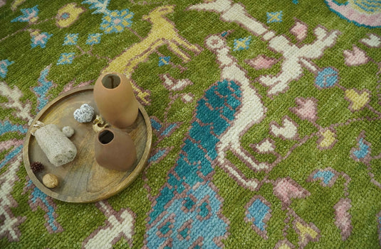 Custom Made Green, Teal and Peach Jungle Life Peacock Bird Hand Knotted Wool Area Rug