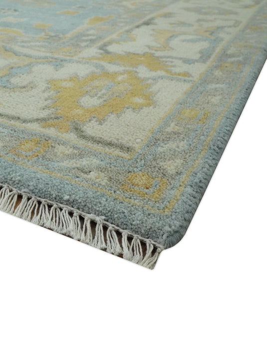 Custom Made Hand Knotted Traditional Oushak Blue, Beige, Gray And Gold Wool Area Rug