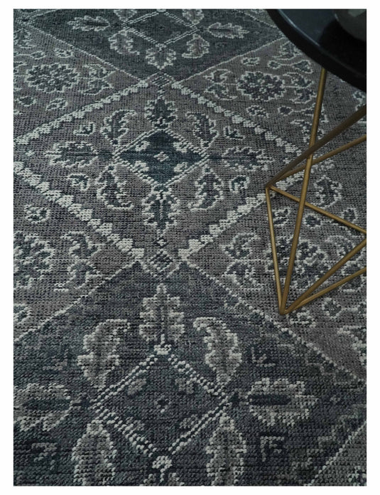 Traditional Antique Pattern Gray And Charcoal Hand Knotted 8x10 ft Bedroom, Living Room Rug Wool Area Rug