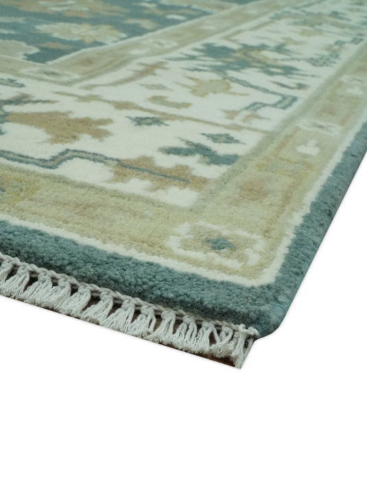 Custom Made Hand Knotted Classic Floral Motifs Oushak Rug Deep Green, Ivory And Olive Wool Area Rug