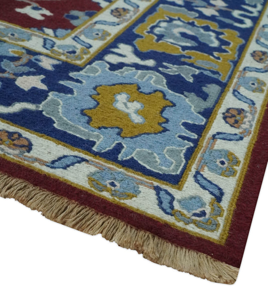 Traditional Oriental Oushak Hand knotted Maroon and Blue 8x10 ft Bedroom, Living Room Rug ,wool Area Rug