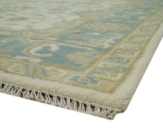 Custom Made Hand Knotted Oushak Cream, Beige, Ivory, Blue And Gold Wool Area Rug