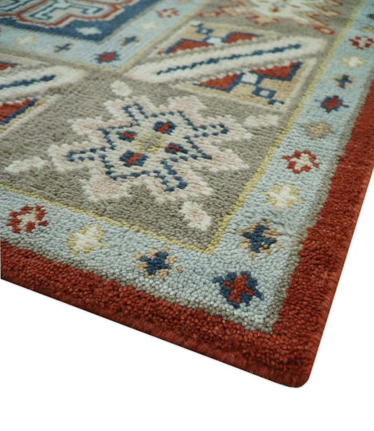 Traditional Pattern Red, Blue, Beige And Ivory Hand Knotted 8x10 ft wool Area Rug