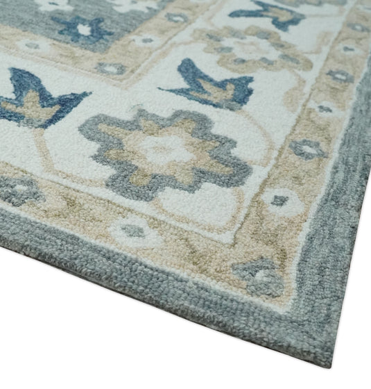 Custom Made Gray, Blue, Beige And Ivory Traditional Medallion Hand Tufted Wool Area Rug