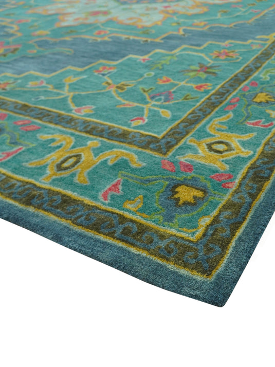 Custom Made Traditional Floral And Botanical Pattern Green, Blue And Yellow Hand Tufted Wool Area Rug