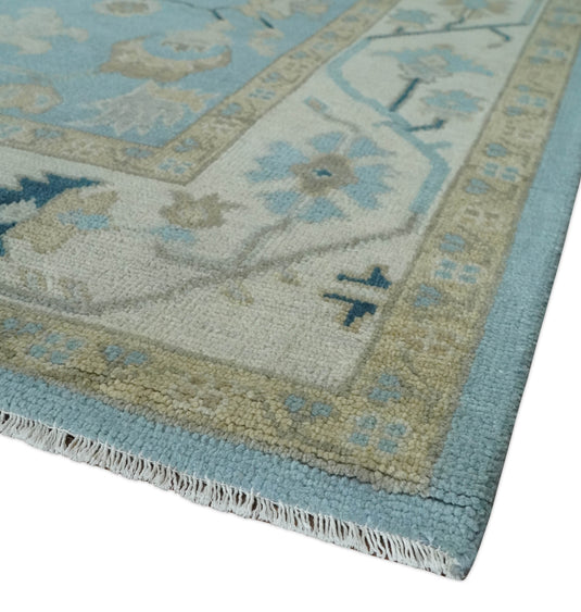 Custom Made Hand Knotted Oushak Blue, Ivory And Beige Wool Area Rug