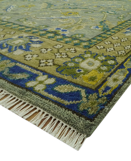Custom Made Hand Knotted Olive, Green And Blue Traditional Floral Wool Area Rug