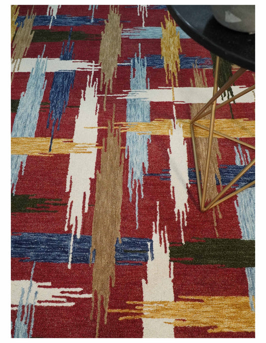 Custom Made Abstract Pattern Maroon, Ivory, Brown And Blue Hand Tufted  Wool Area Rug