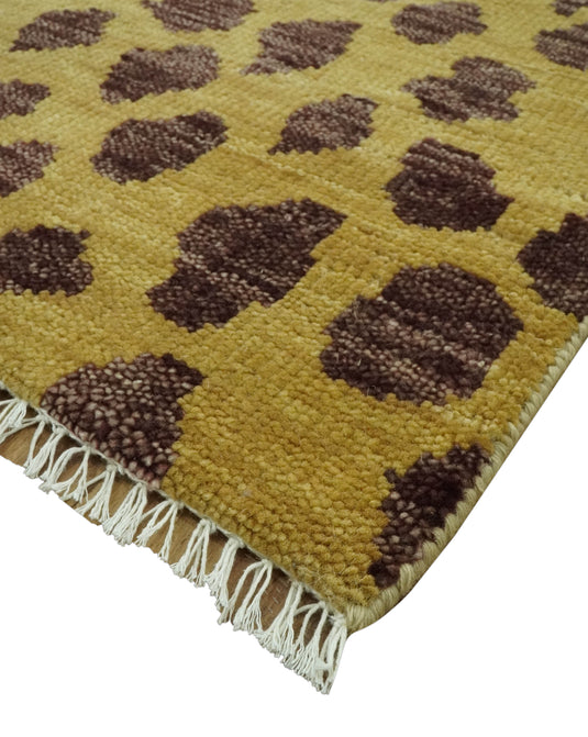 Custom Made Hand Knotted Leopard Design Mustard And Brown Wool Area Rug