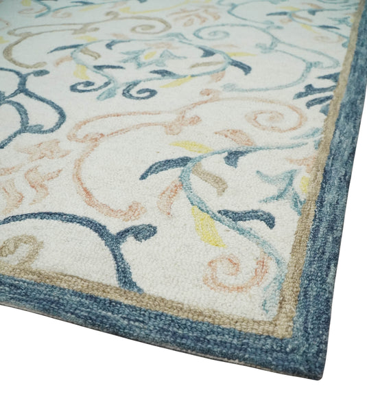 Custom Made Floral Pattern Ivory, Blue, Yellow And Brown Hand Tufted  Wool Area Rug