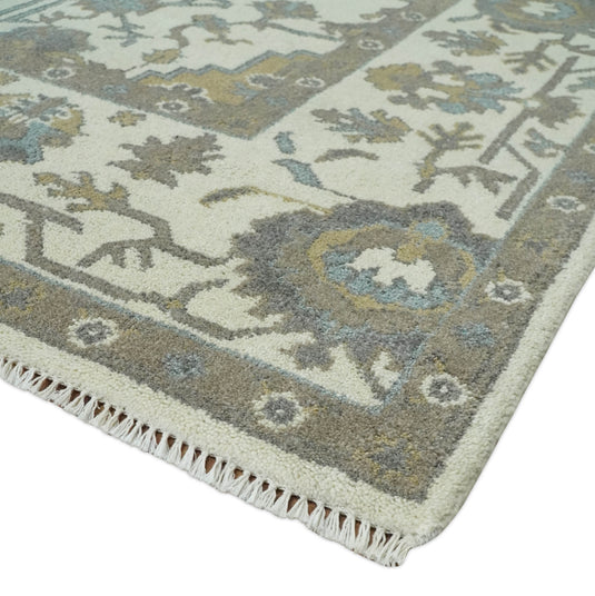 Traditional 8x10 Ivory and Brown Hand Knotted Oushak Wool Area Rug