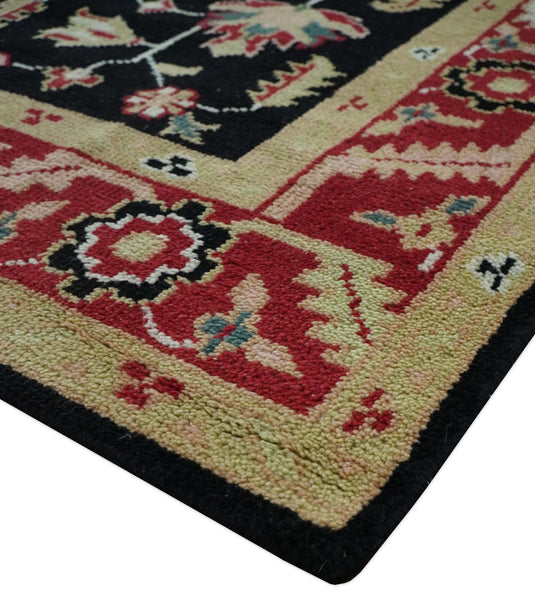 Custom Made Traditional Pattern Black and Maroon Hand Knotted Wool Area Rug