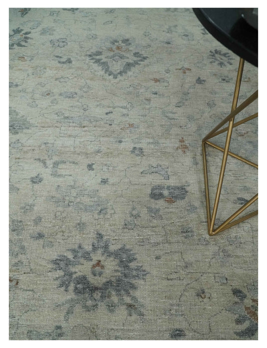 Custom Made Traditional Antique Floral Pattern Dark Cream And Gray Hand Knotted Wool Area Rug