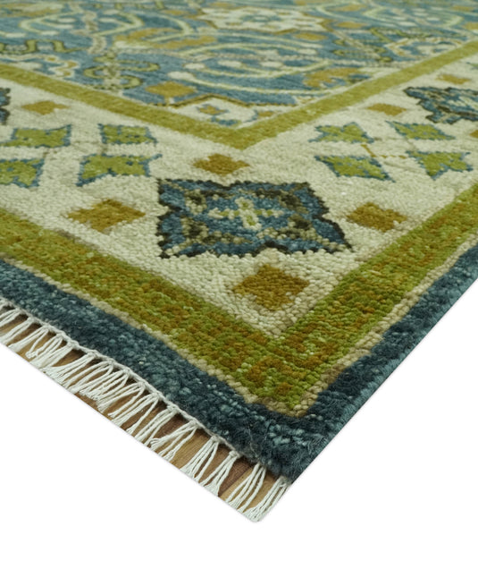 Custom Made Traditional Motifs Blue And Olive Hand Knotted Wool Area Rug