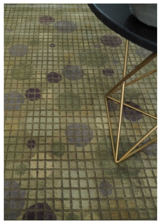 Modern Geometrical Pattern Hand Knotted Olive 5x8 ft Bedroom, Living Room Rug , Wool and Viscose Area Rug AAOC1258