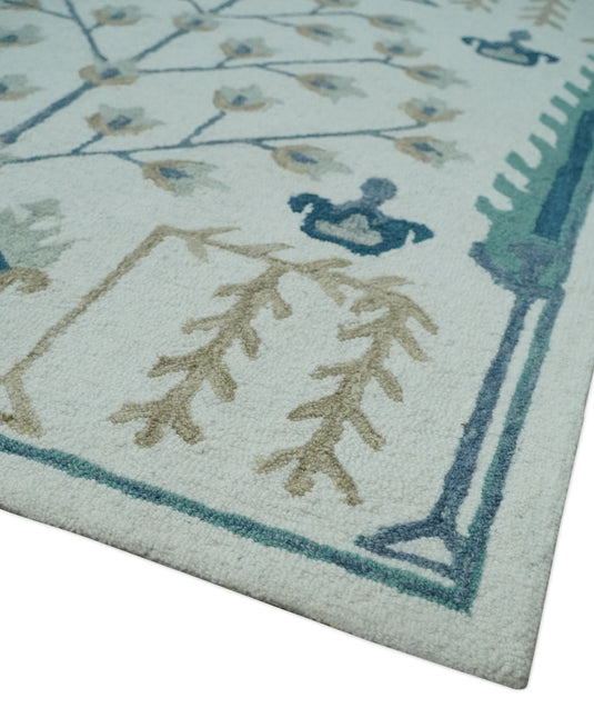 Custom Made Tree Of Life Ivory, Teal, Beige And Silver Hand Tufted Wool Area Rug