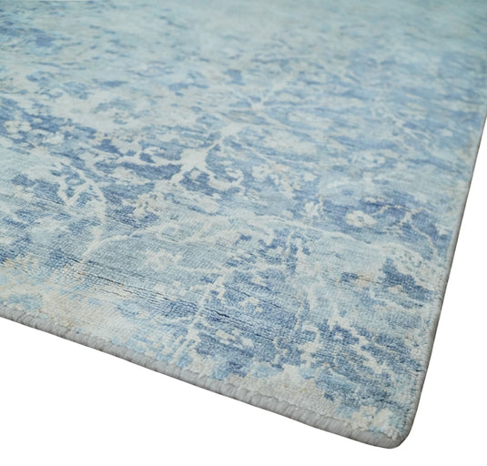 Floral Abstract Blue And Ivory Hand Knotted 9.7x12.9 ft Bedroom, Living Room Rug Bamboo Silk Area Rug