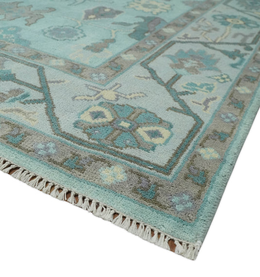 Oriental 8x10 Hand Knotted Aqua and Silver Oushak traditional Wool Area Rug