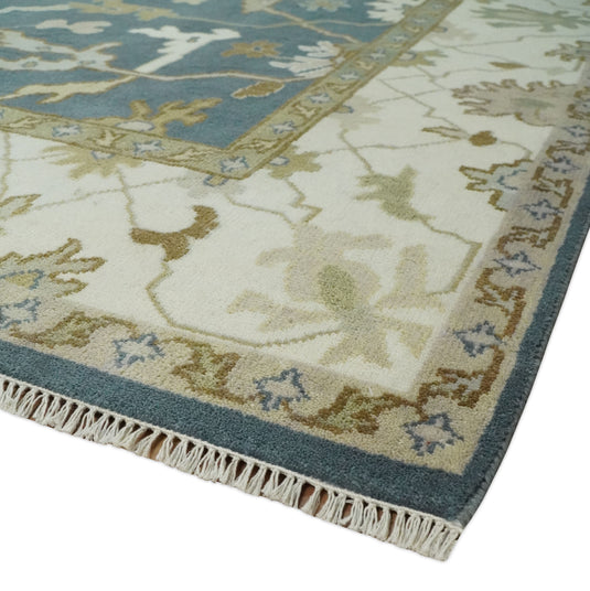 8x10 Blue, Ivory and Beige Hand Knotted Oriental Oushak Wool Area Rug