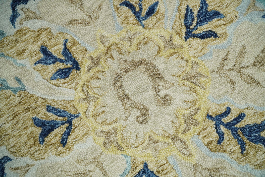 Custom Made Floral Blue, Camel, Beige And Ivory Hand Tufted Wool Area Rug