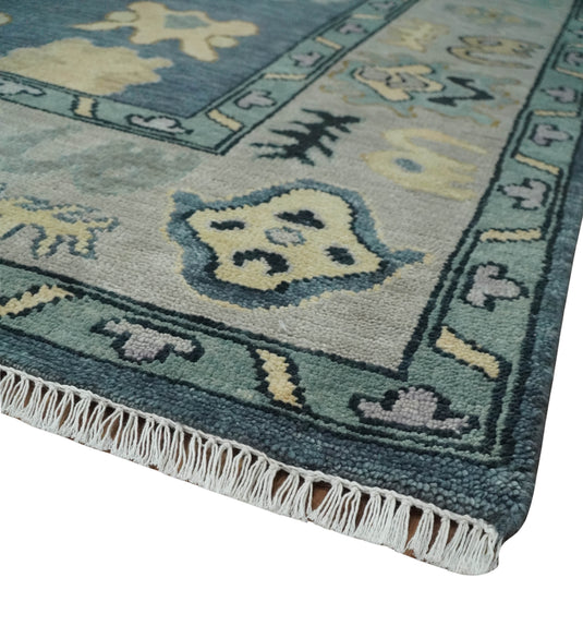 Antique look Hand knotted Blue, Silver and Beige 9x12 wool Area Rug