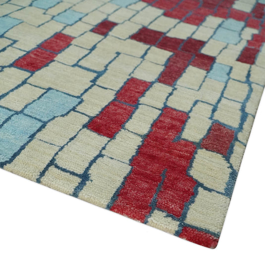 Modern Brick Pattern Handloom Red, Brown and Beige 5x7.6 ft Bedroom, Living Room Rug , Wool, Art Silk Area Rug