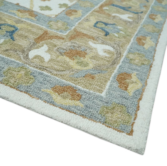 Custom Made Traditional Pattern Brown, Blue, Silver, And Ivory Hand Tufted Wool Area Rug