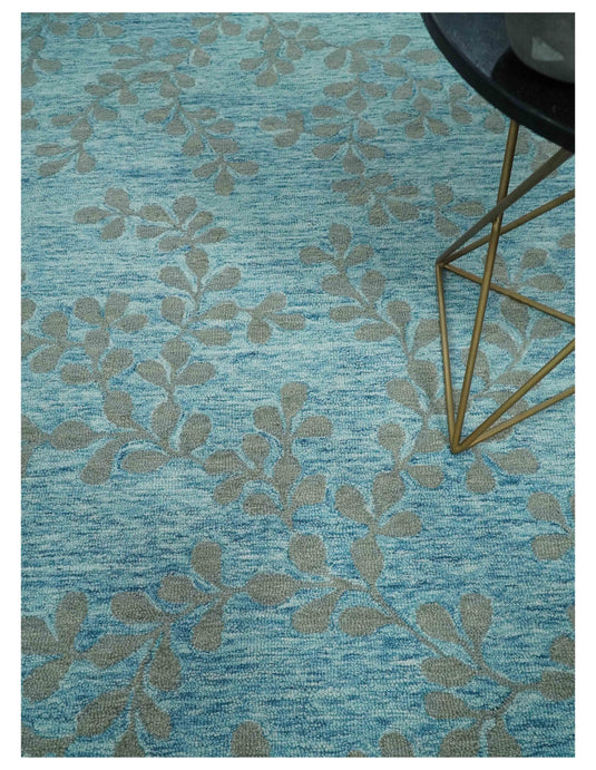 Custom Made Traditional Floral Pattern Light Blue And Gray Hand Tufted  Wool Area Rug